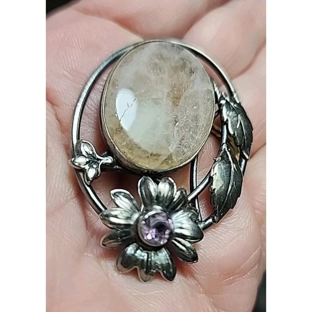 Vintage Sterling Silver Rutilated Quartz‎ Amethyst Flower Brooch Pin Floral 1.5